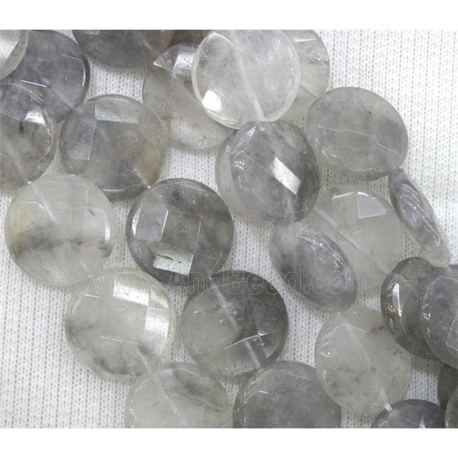 natural cloudy quartz beads, grey, faceted flat-round