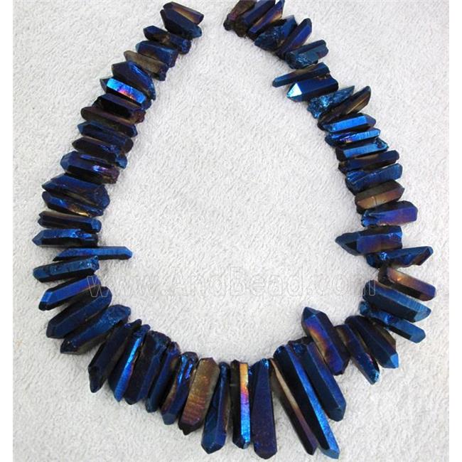 clear quartz stick bead, freeform, blue electroplated