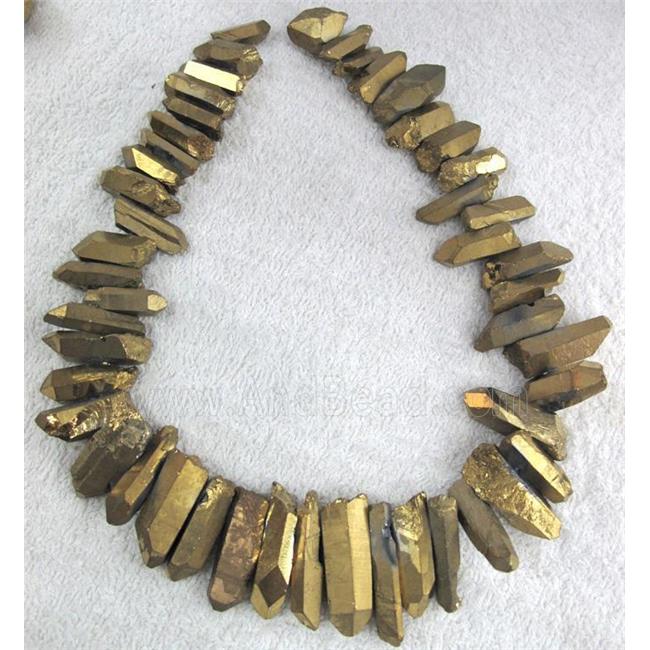 clear quartz stick bead, freeform, gold electroplated