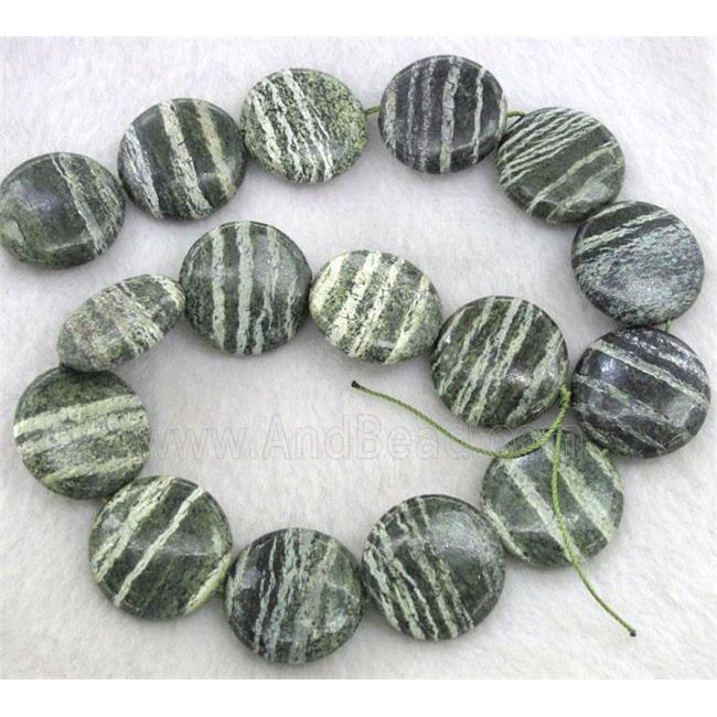 Natural Green Silver-line Jasper Beads, flat-round