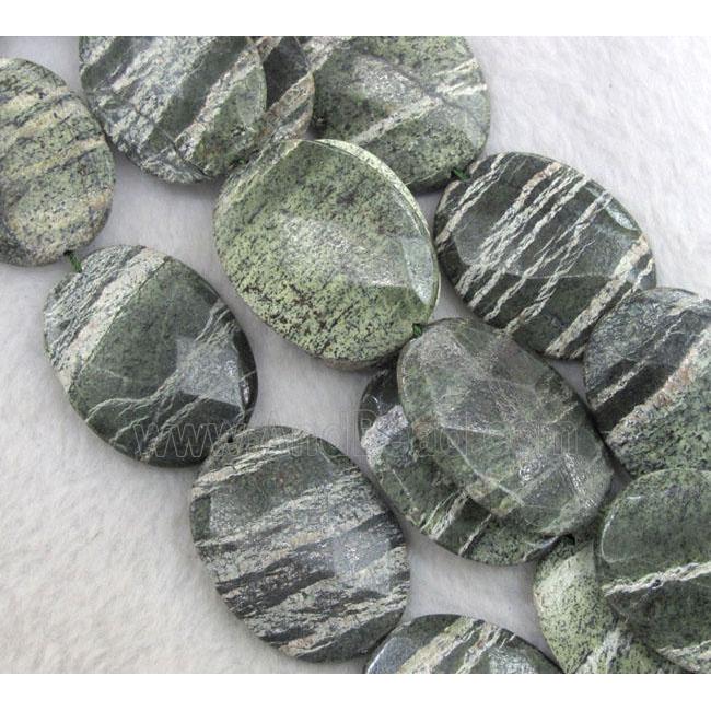 Natural Green Silver-line Jasper Beads, faceted flat oval