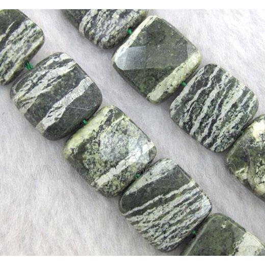 Natural Green Silver-line Jasper Beads, faceted square