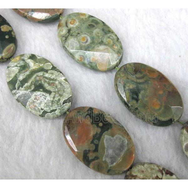 natural Rhyolite beads, green, faceted flat oval