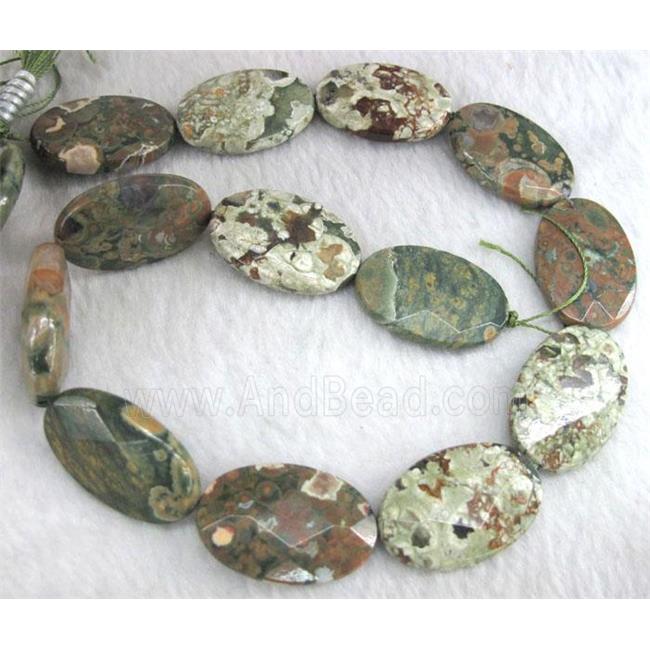 natural Rhyolite beads, green, faceted flat oval