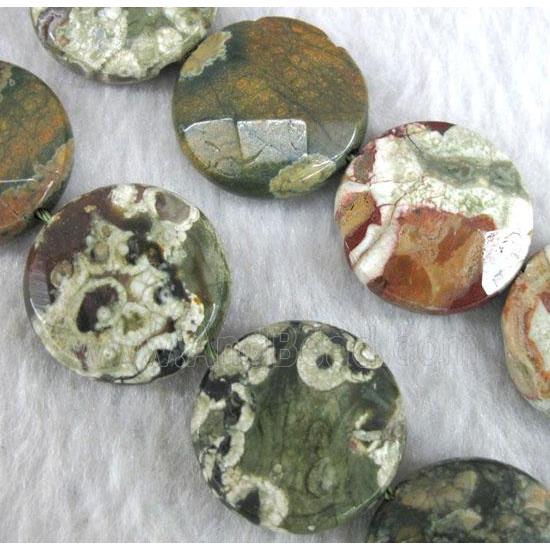 natural green Rhyolite beads, faceted flat round
