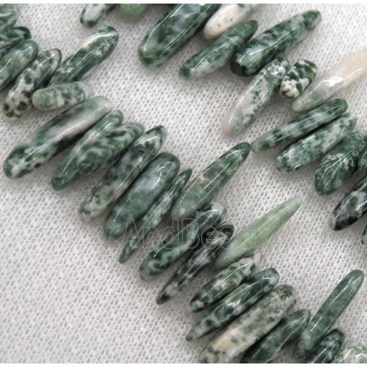 green tree agate beads, stick chip, freeform