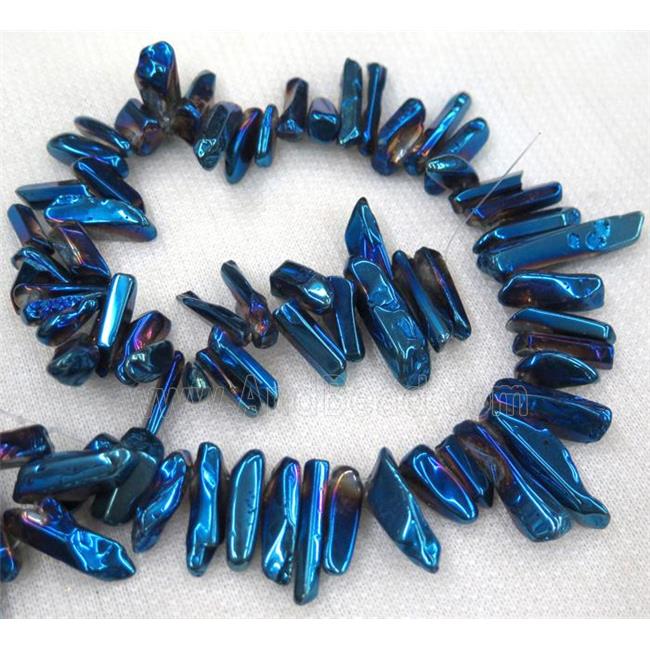 clear quartz bead, stick, freeform, polished, blue electroplated
