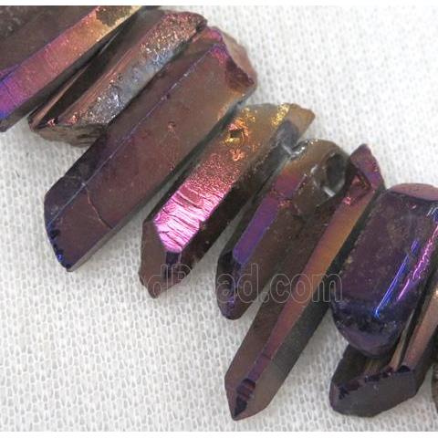 clear quartz bead, stick, freeform, purple electroplated