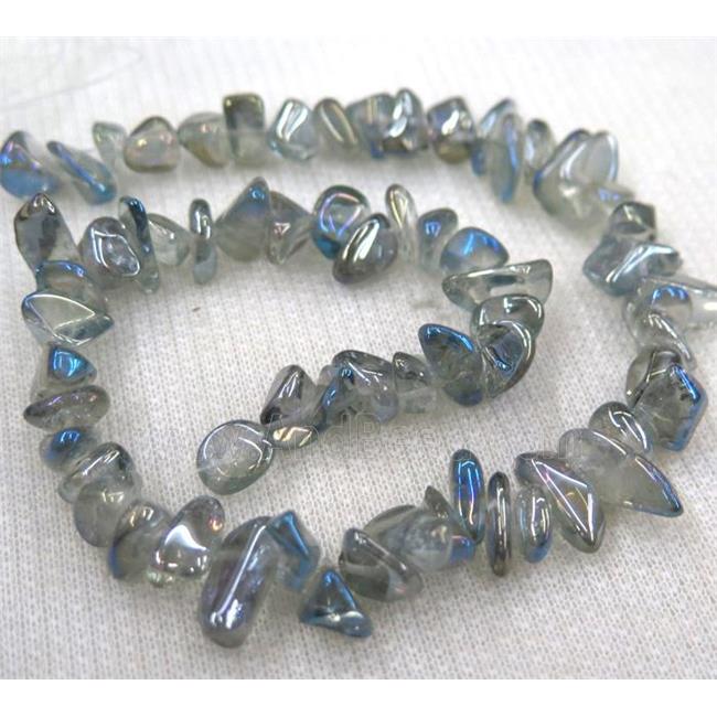 clear quartz bead, freeform chip, blue electroplated