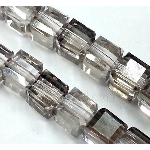 Chinese crystal glass bead, faceted cube, grey and half silver plated