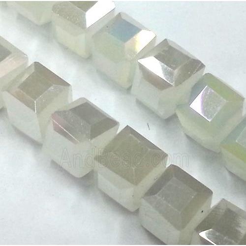 Chinese crystal glass bead, faceted cube, white jade AB color
