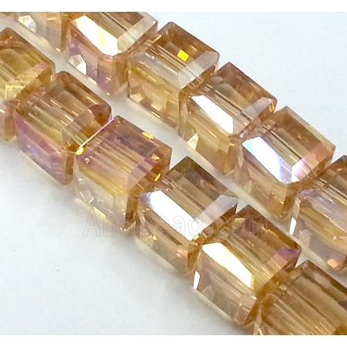 Chinese crystal glass bead, faceted cube, gold champagne
