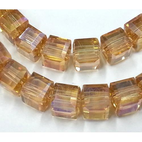Chinese crystal glass bead, faceted cube, gold champagne