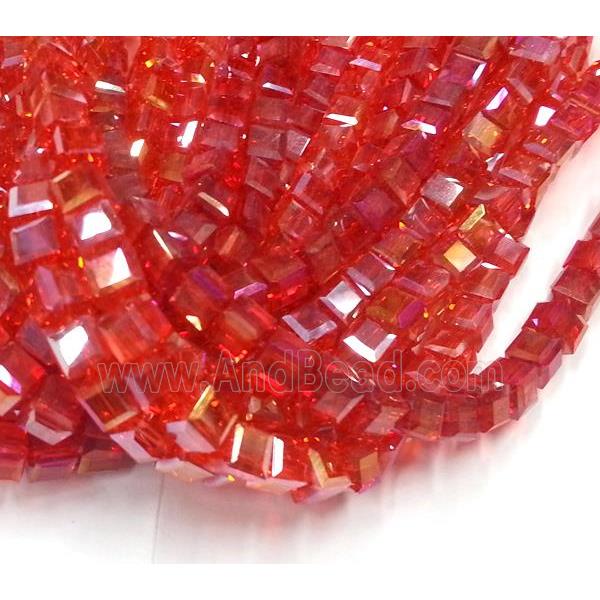 Chinese crystal glass bead, faceted cube, red AB color