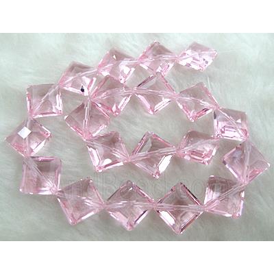 Crystal Glass Beads, faceted square, corner-drilled, Pink