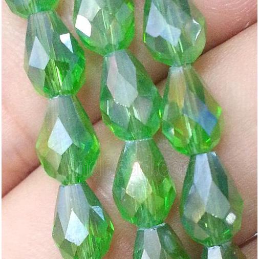 Chinese crystal glass bead, faceted teardrop, green AB color