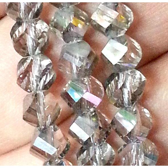 Chinese crystal glass bead, swiring cut, grey and half silver plated