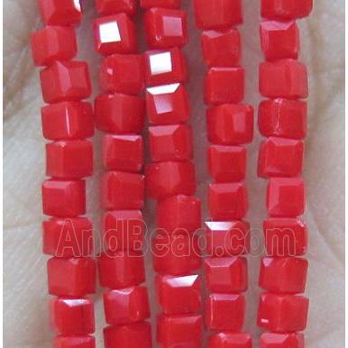 chinese crystal glass bead, faceted cube, red