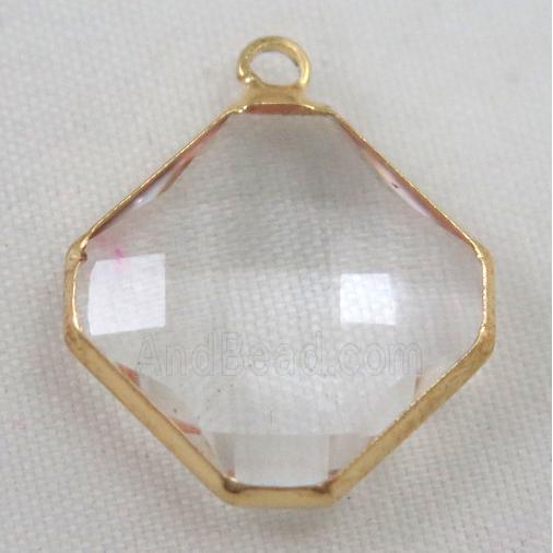 clear Chinese crystal glass pendant, faceted square, gold plated
