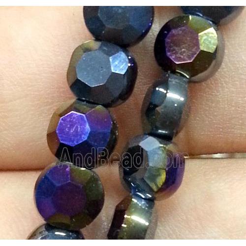 Chinese crystal glass bead, faceted flat round, black AB color