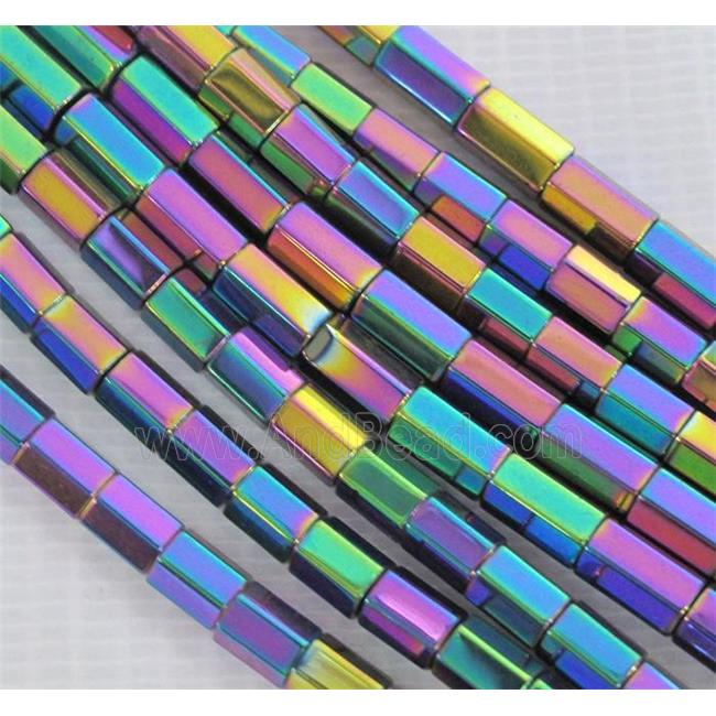 Hematite beads, faceted-tube, no-Magnetic, rainbow electroplated