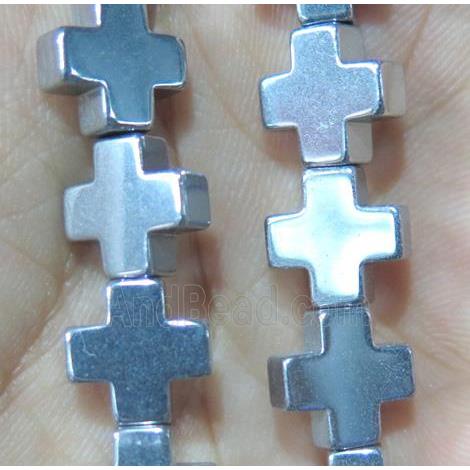 hematite beads, cross, silver plated, no magnetic