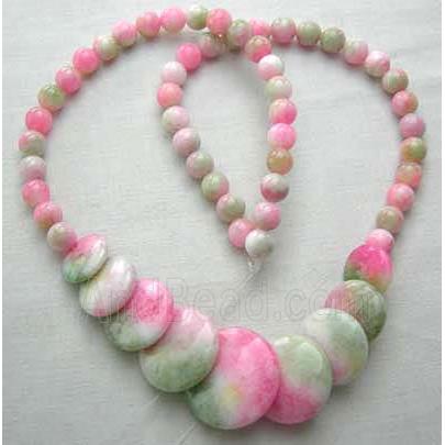 Jade Necklace, coin round, pink, 16" long