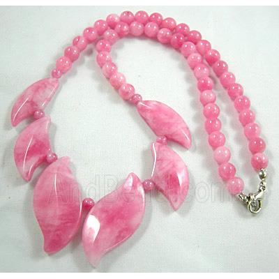 Jade Necklace, leaf, pink, 16" long