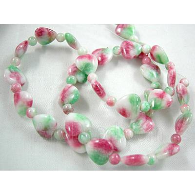Jade beads, heart, round, pink/white