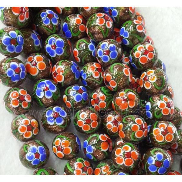 lampwork bead with flower and goldsand, round