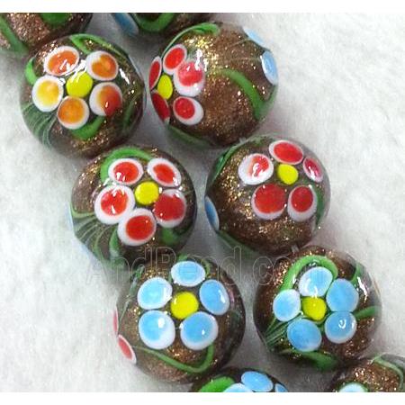 lampwork bead with flower and goldsand, round