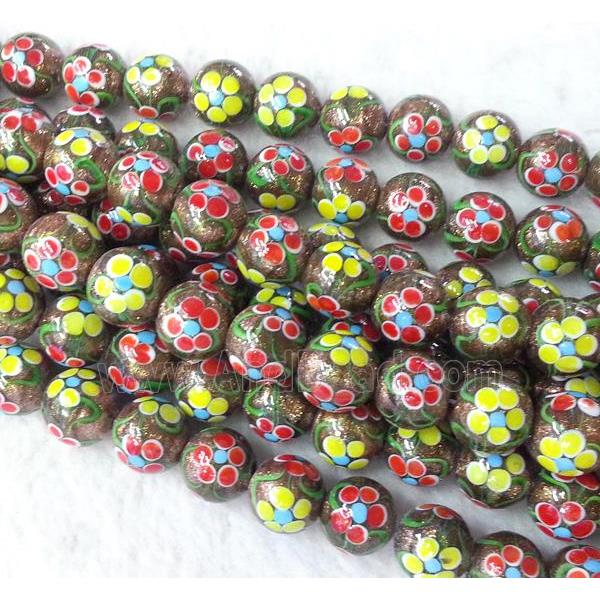 lampwork bead with flower and goldsand, round