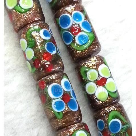 lampwork bead with flower and goldsand, round tube