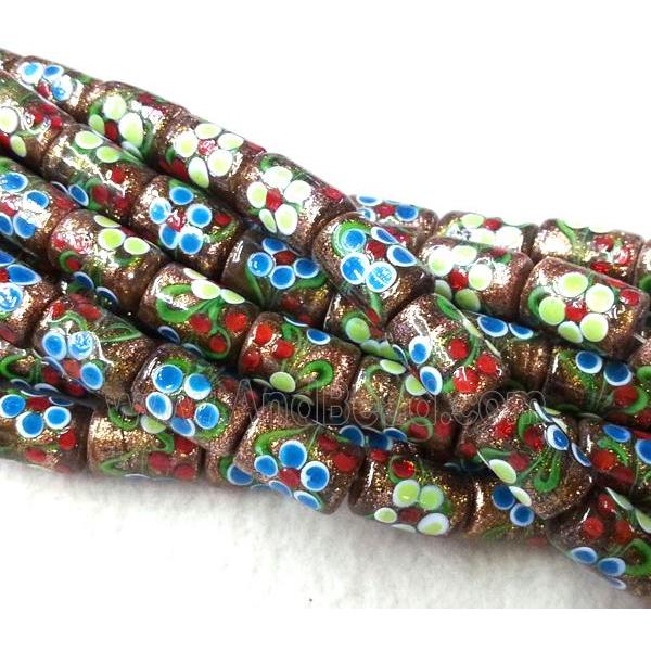 lampwork bead with flower and goldsand, round tube