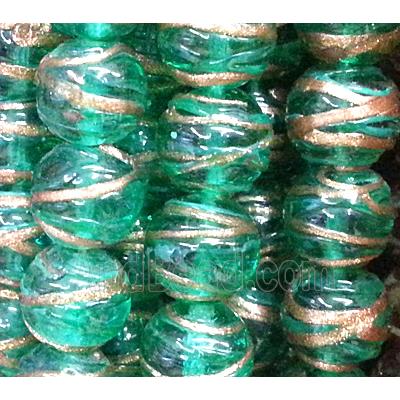 glass lampwork beads with goldsand line, round, green