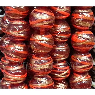 glass lampwork beads with goldsand line, round, red