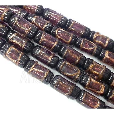 glass lampwork beads with goldsand, tube, purple