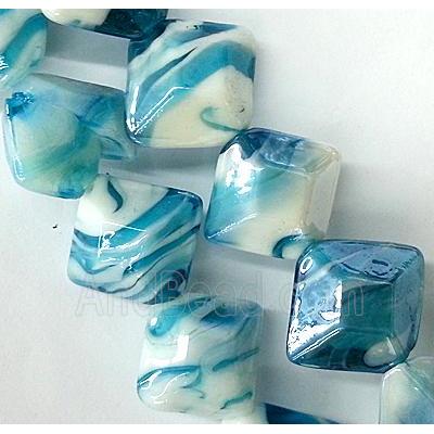Plated Lampwork glass bead, square, peacock blue