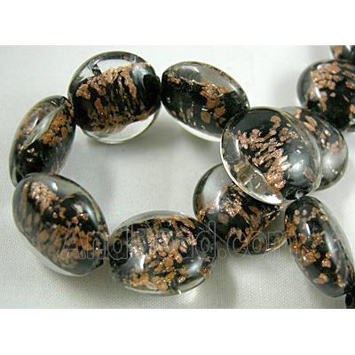 lampwork glass beads with goldsand, flat-round, black