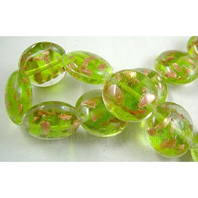 lampwork glass beads with goldsand, flat-round, green
