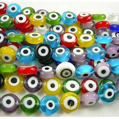 lampwork glass beads with evil eye, flat-round, mixed color