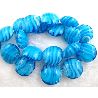 lampwork glass beads, flat-round, swirl line, blue