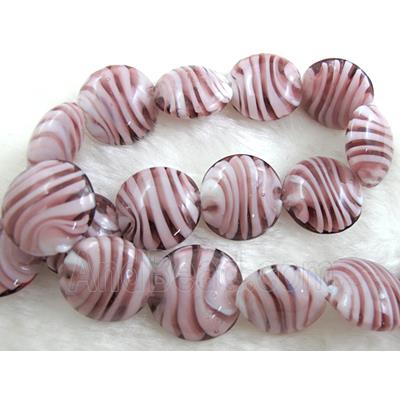 lampwork glass beads, flat-round, swirl line, purple