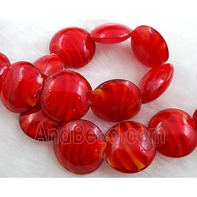 lampwork glass beads, flat-round, swirl line, ruby
