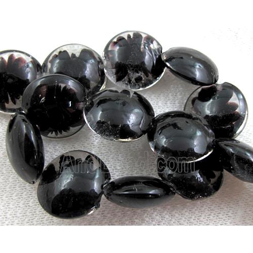 lampwork glass beads, flat-round, swirl line, black
