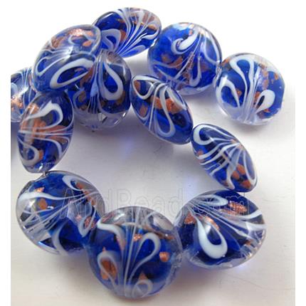 stripe lampwork glass beads, flat-round, deep-blue