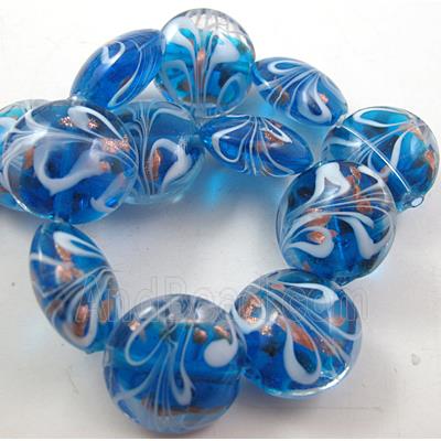 stripe lampwork glass beads, flat-round, blue
