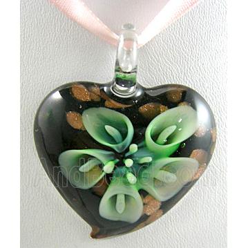 MixColors Lampwork Glass heart Pendants within Goldsand and Flower
