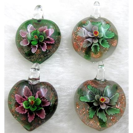 murano style lampwork glass pendant with goldsand, heart, butterfly, mixed color