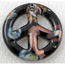 glass lampwork pendant, peace sign, black
